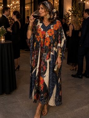 NF Free Size Vibrant FLORAL Kaftan Floral Embellished Dress With Tie